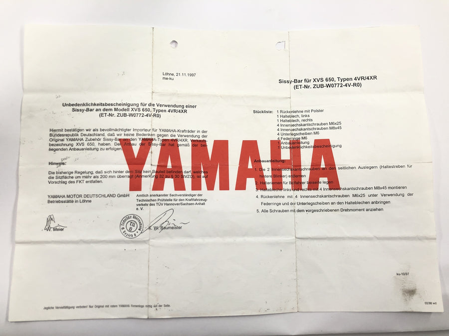 Yamaha XVS 650 4VR [1997] - Dossier Sissybar pour passager avec certificat chromé